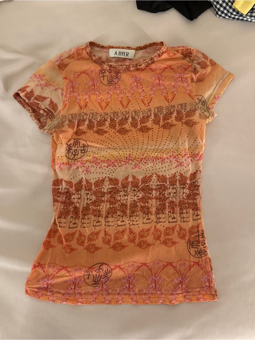Vintage A.Byer semi sheer top with gorgeous orange patterns